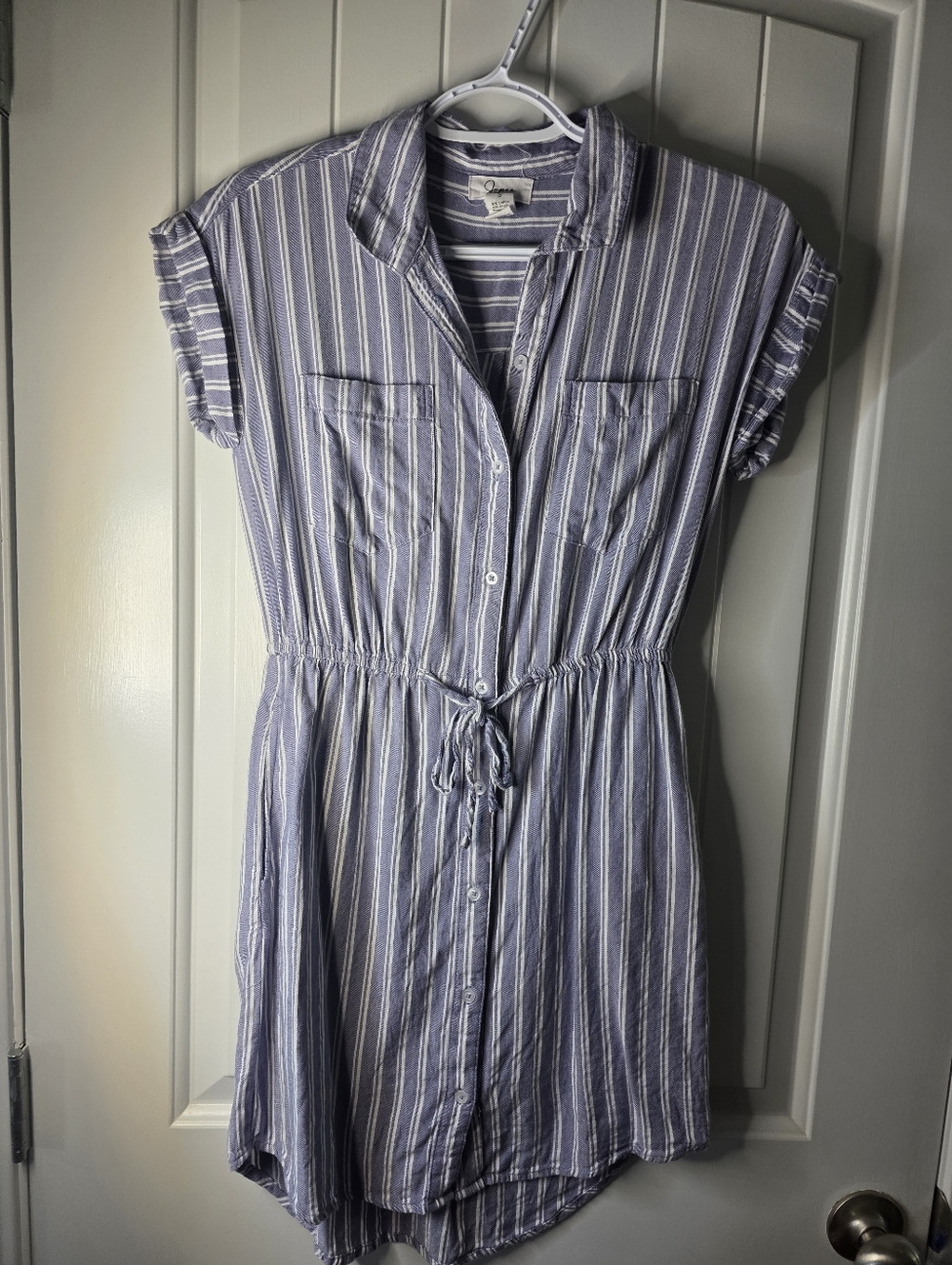 Striped Button-Front Drawstring Shirt Dress - Blue